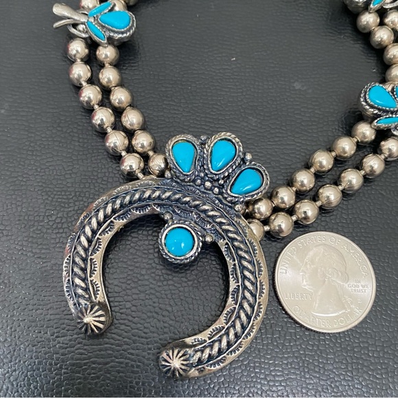 Vintage Faux Turquoise Silver-tone Ball Chain Squash Blossom Boho Necklace - Picture 6 of 12